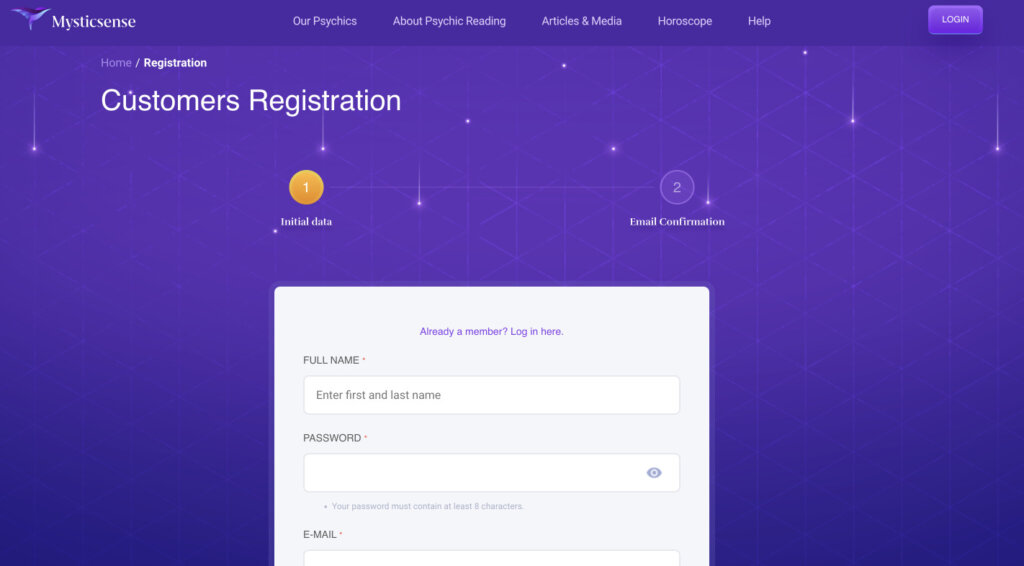 Mysticsense registration / sign up